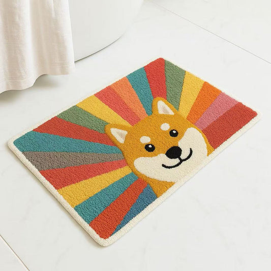 Feblilac Shiba Inu Rainbow Burst Tufted Bath Mat – Cute Dog Rug