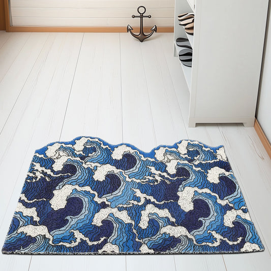 Feblilac Japanese Blue Wave Entrance Door Mat, Ukiyoe Art Doorway PVC Rug
