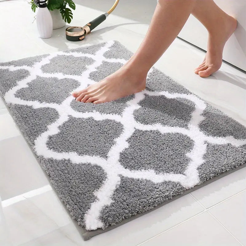 Feblilac Abstract Grey White Blue Wave Bath Mat, Bathroom Rugs Mat