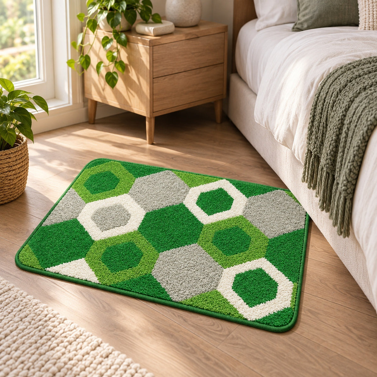 Feblilac Green Hexagon Tufted Bath Mat – Green Grey and White