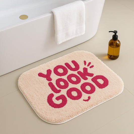 Feblilac Pink You Look Good Smiley Face Tufted Bath Mat