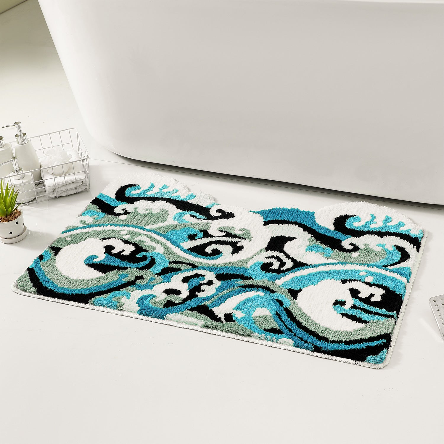 Feblilac Abstract Grey White Blue Wave Bath Mat, Bathroom Rugs Mat