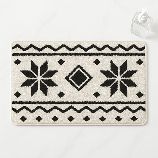 Feblilac Black and Grey Flower Geometric Pattern Ultra Soft Bathroom Rug