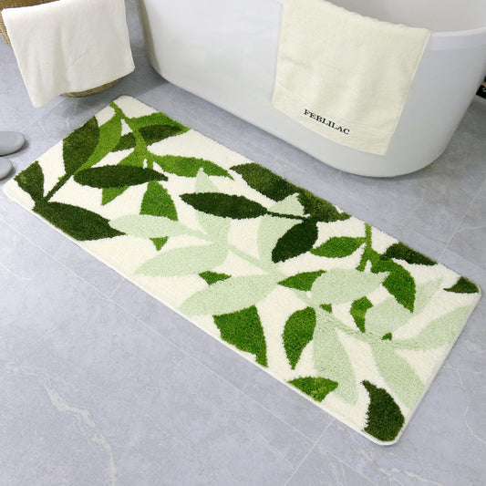 Feblilac Green Leaf Bathroom Rug – Non-Slip Absorbent Bath Mat for Modern Home Décor