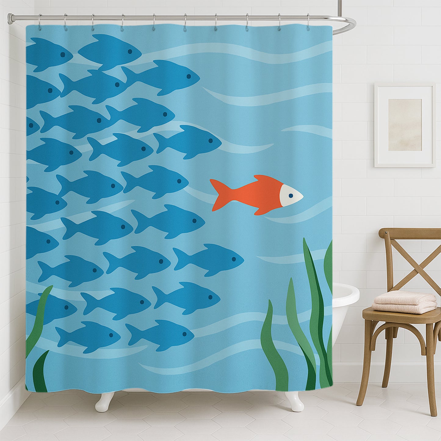 Feblilac Fish Shower Curtain – Unique Blue & Orange Ocean Theme Bathroom Decor