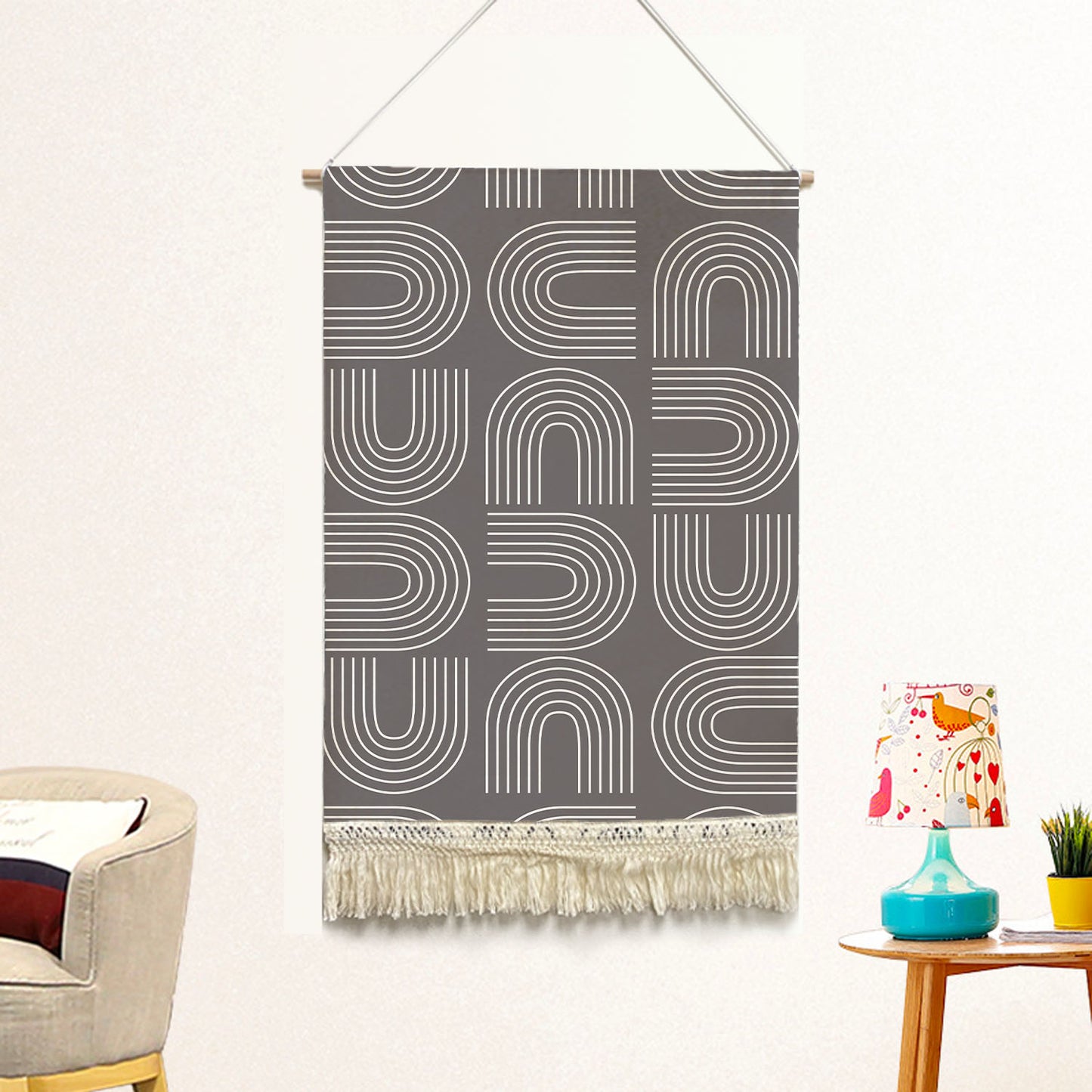 Feblilac Grey U Shaped Pattern Handmade Macrame Hanging Wall Decor Art