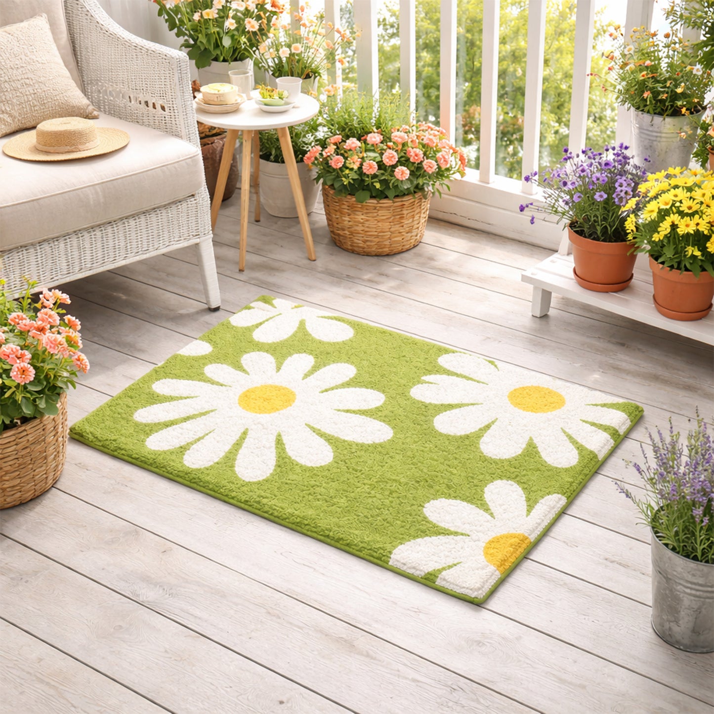 Feblilac Green Daisy Tufted Bath Mat