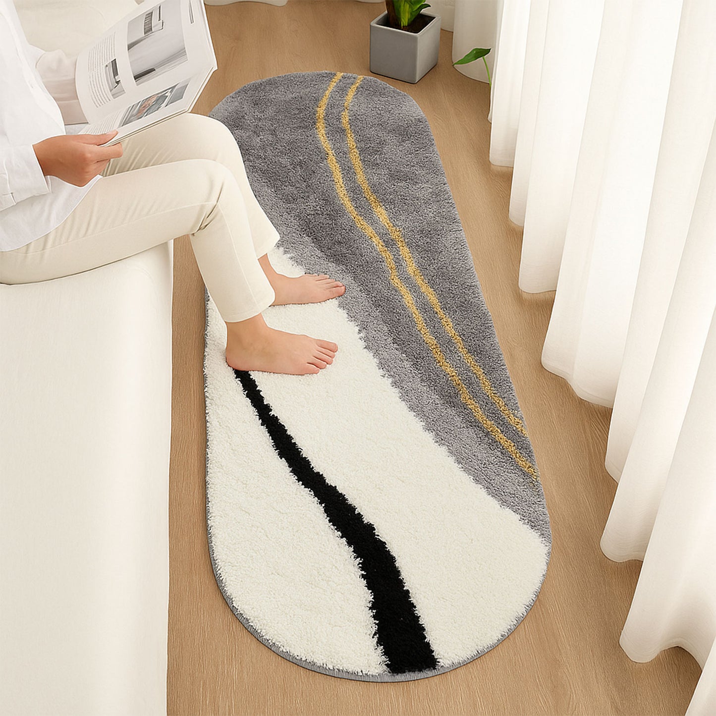 Feblilac Grey Gold-Plated Bedroom Runner Mat