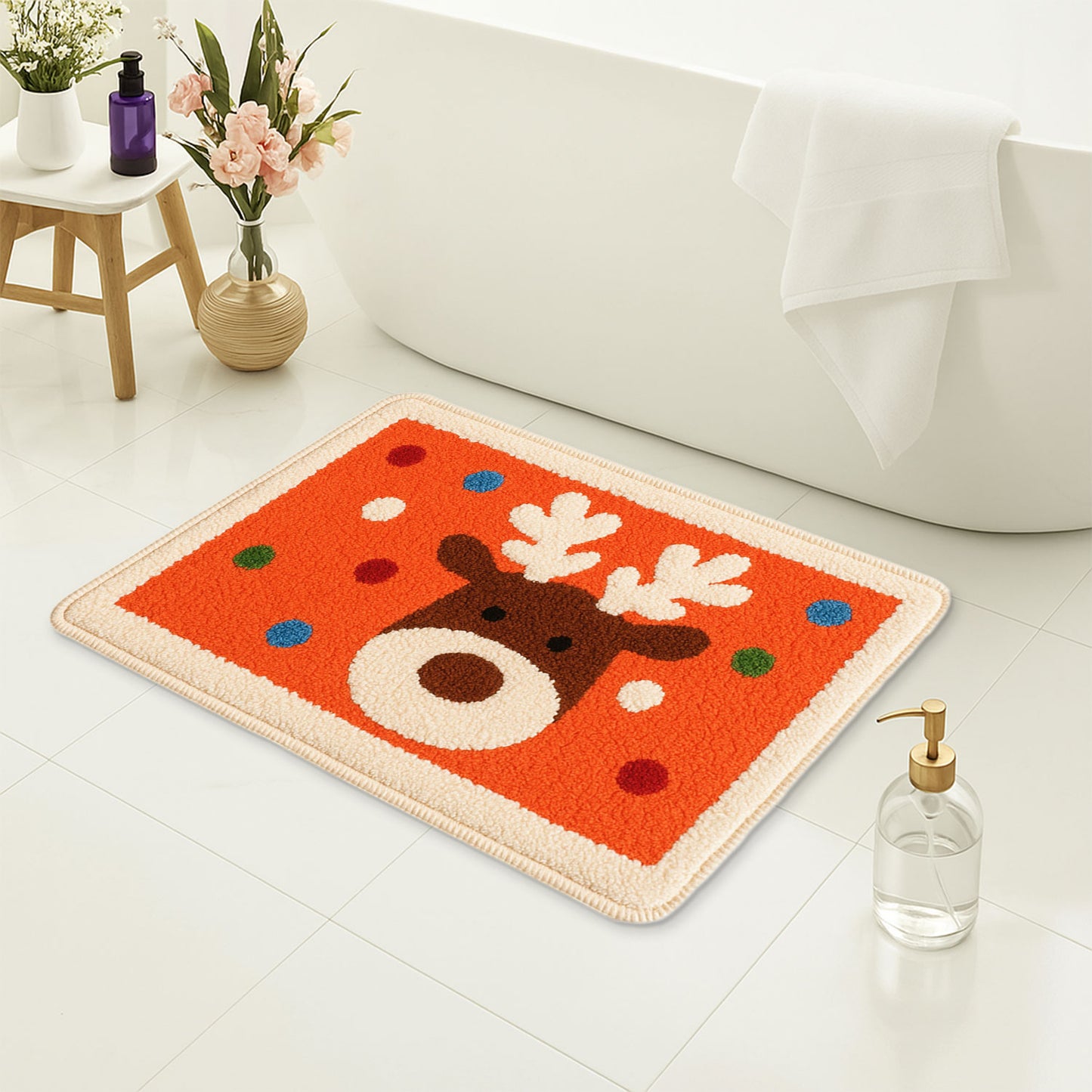 Feblilace Merry Christmas Reindeer ELK Orange Ground Bath Mat
