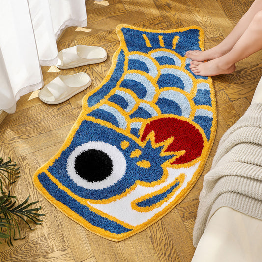 Feblilac Cute Blue Koi Fish Long Runner Mat, Extra Big Bedroom Mat, 64x120cm / 25x47 Inches