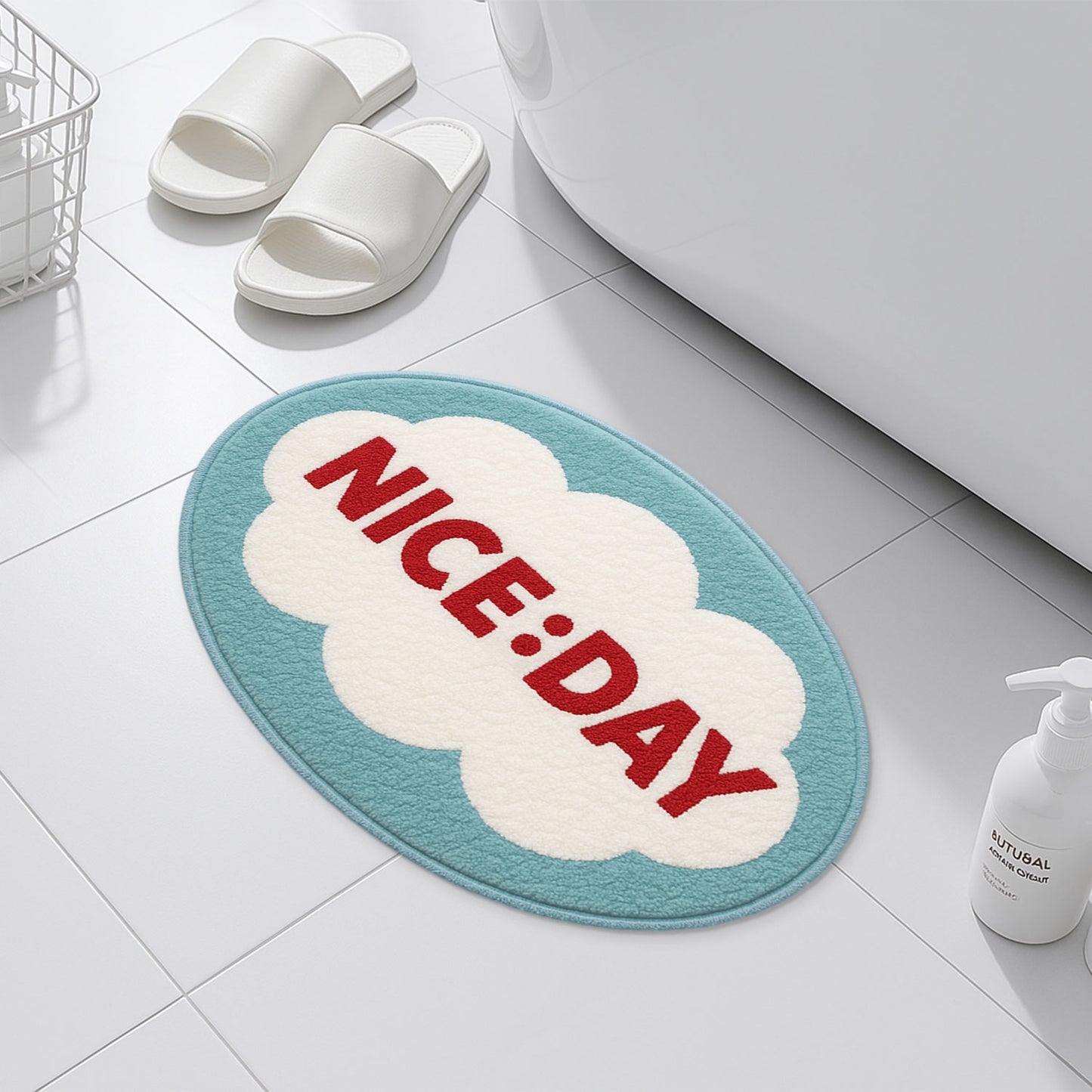 Feblilac NICE:DAY Cloud Bath Mat – Cheerful Oval Rug for Bathroom Decor