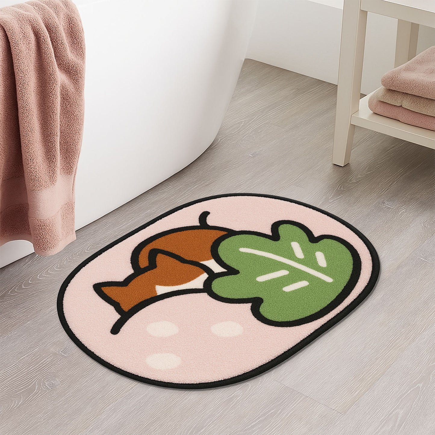 Feblilac Sleeping Cat Bath Mat – Soft Tufted Rug with Leaf & Pink Background