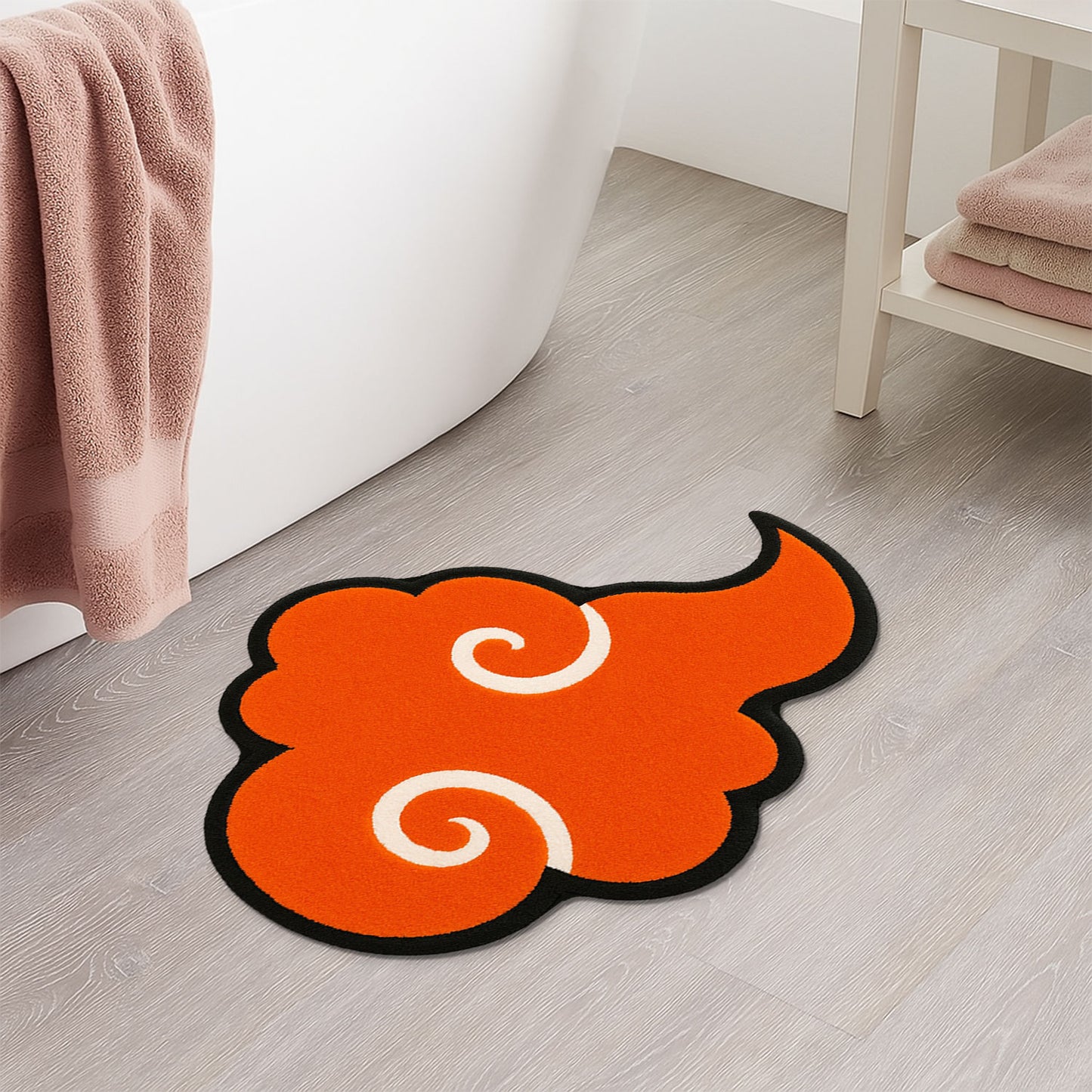 Feblilac Orange Cloud Bath Mat – Irregular Tufted Rug with Asian-Inspired Swirl