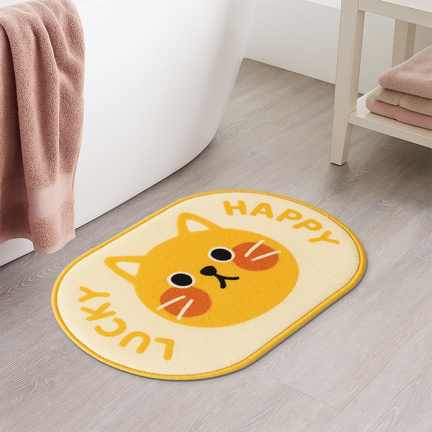 Feblilac Lucky Happy Cat Bath Mat – Cute Oval Rug for Bathroom & Entryway