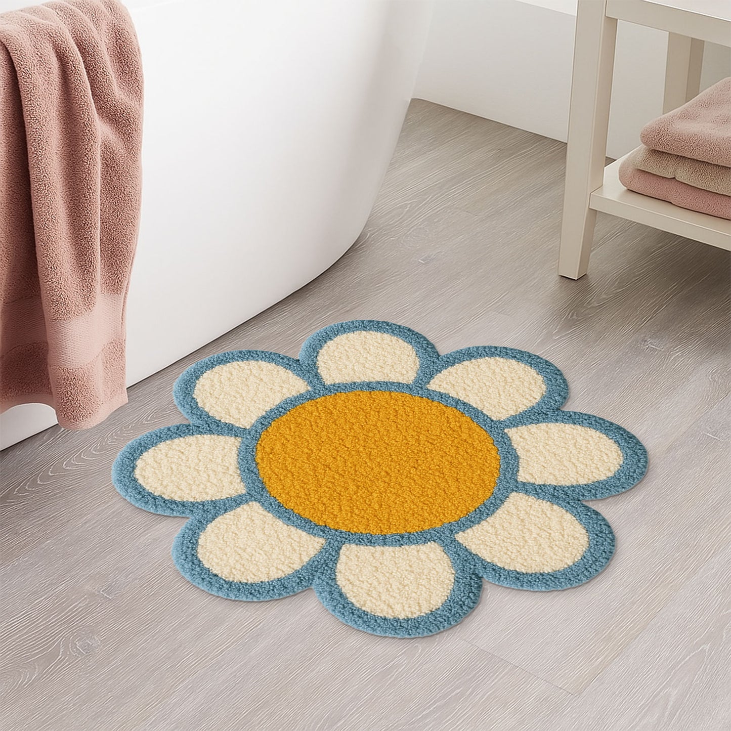 Feblilac Irregular White Flower Mat Rug Carpet, Blue and White Floral Bath Mat