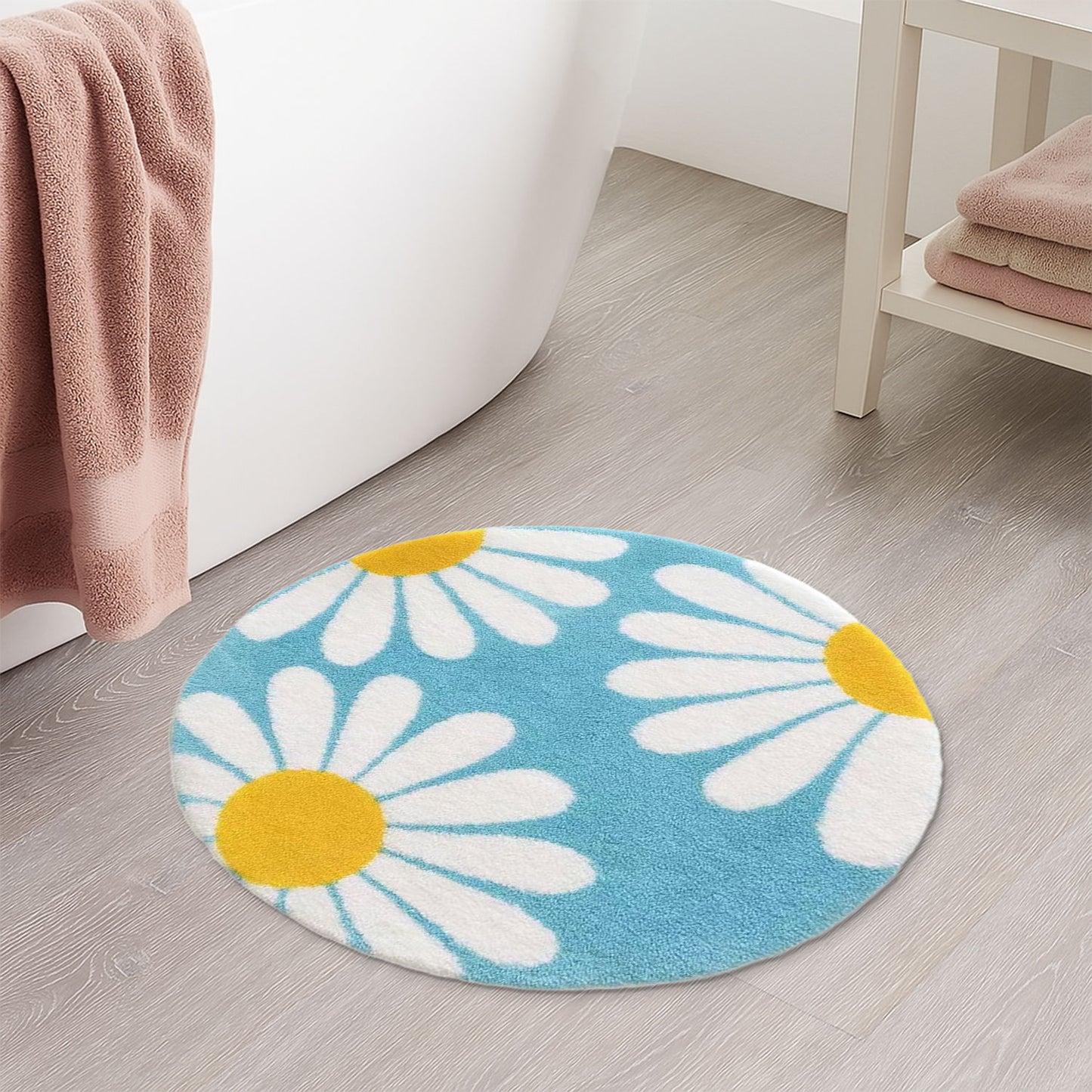 Feblilac Round Daisy Bath Mat – Blue Floral Tufted Rug