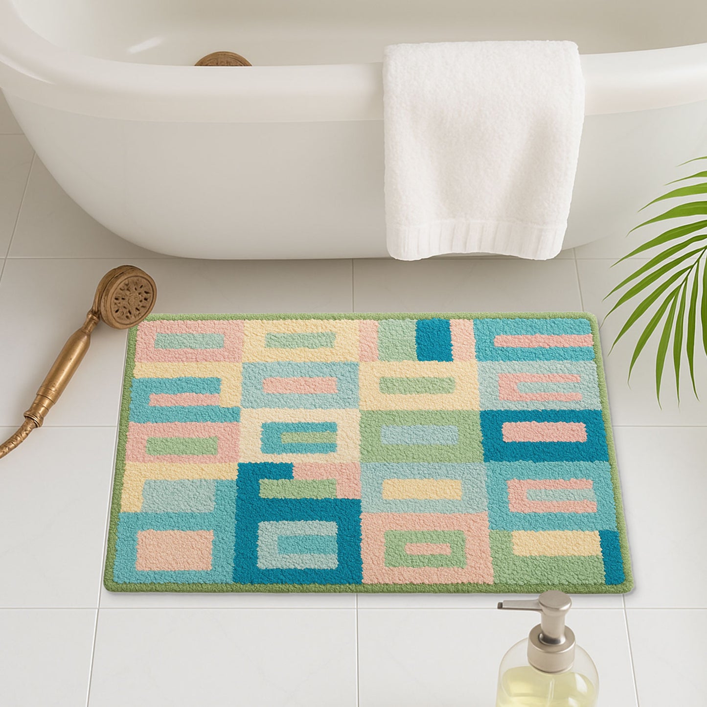 Feblilac Pink and Blue Square Geometric Tufted Bath Mat