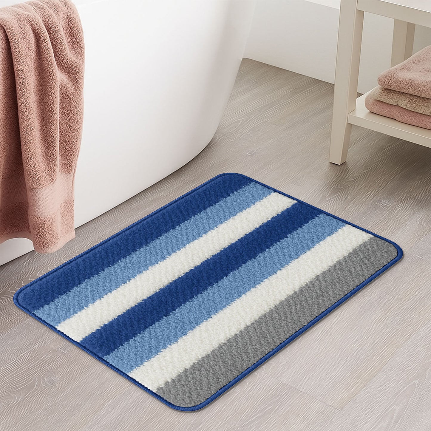 Feblilac Blue and White Stripes Tufted Bath Mat