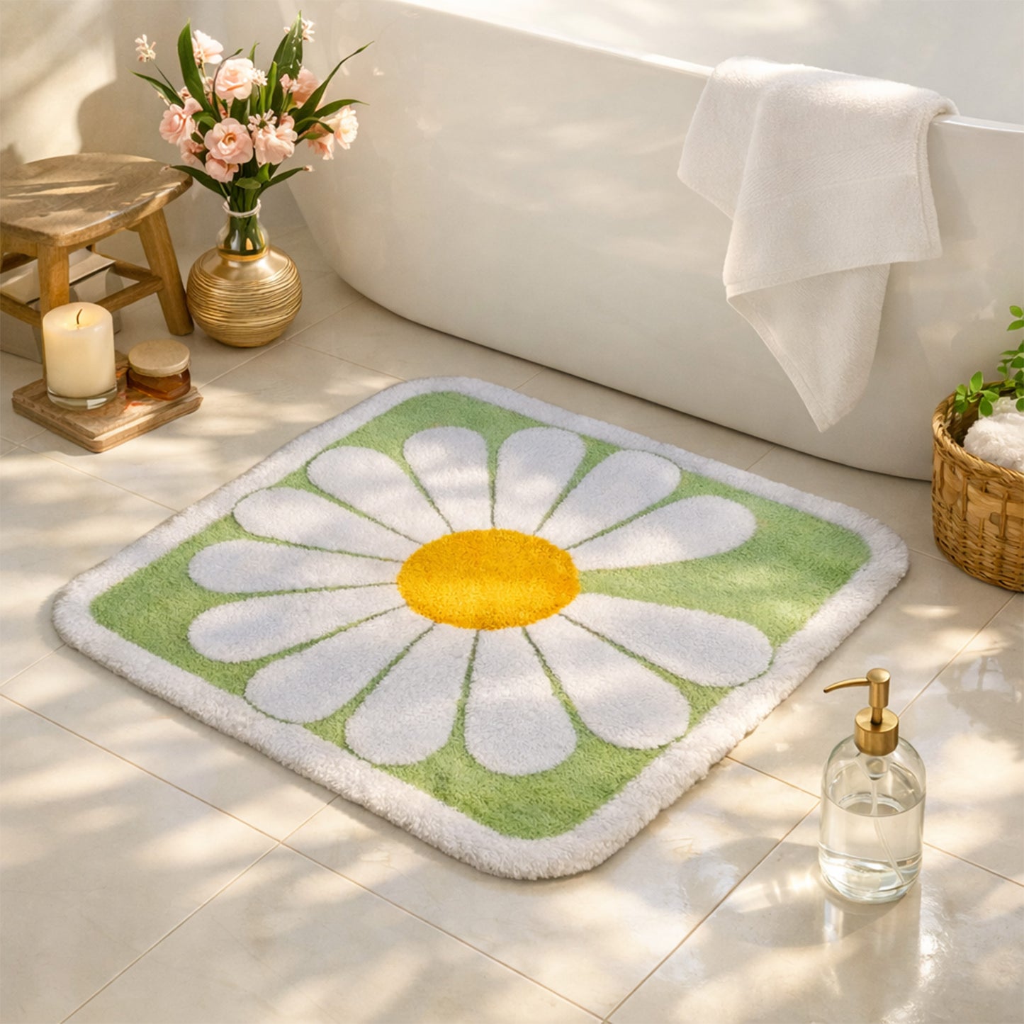Feblilac Square Daisy Flower Tufted Bath Mat, Green