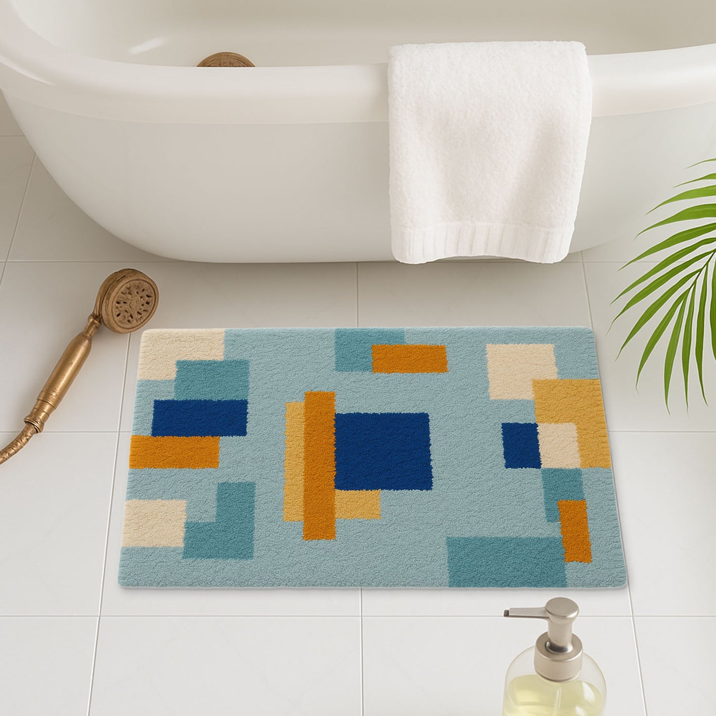 Feblilac Blue and Brown Squares Geometric Tufted Bath Mat