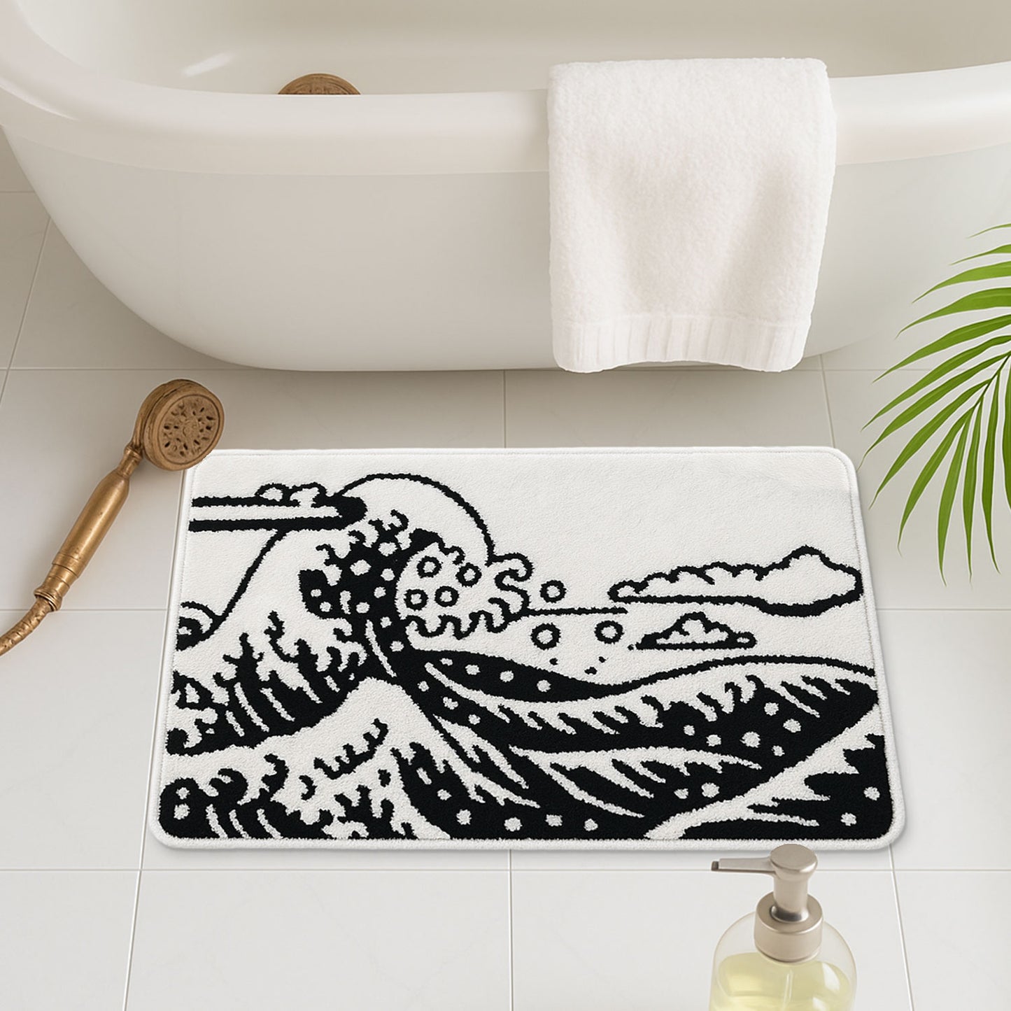 Feblilac Black and White Great Wave Bathroom Rug, Japanese Style Bathmat