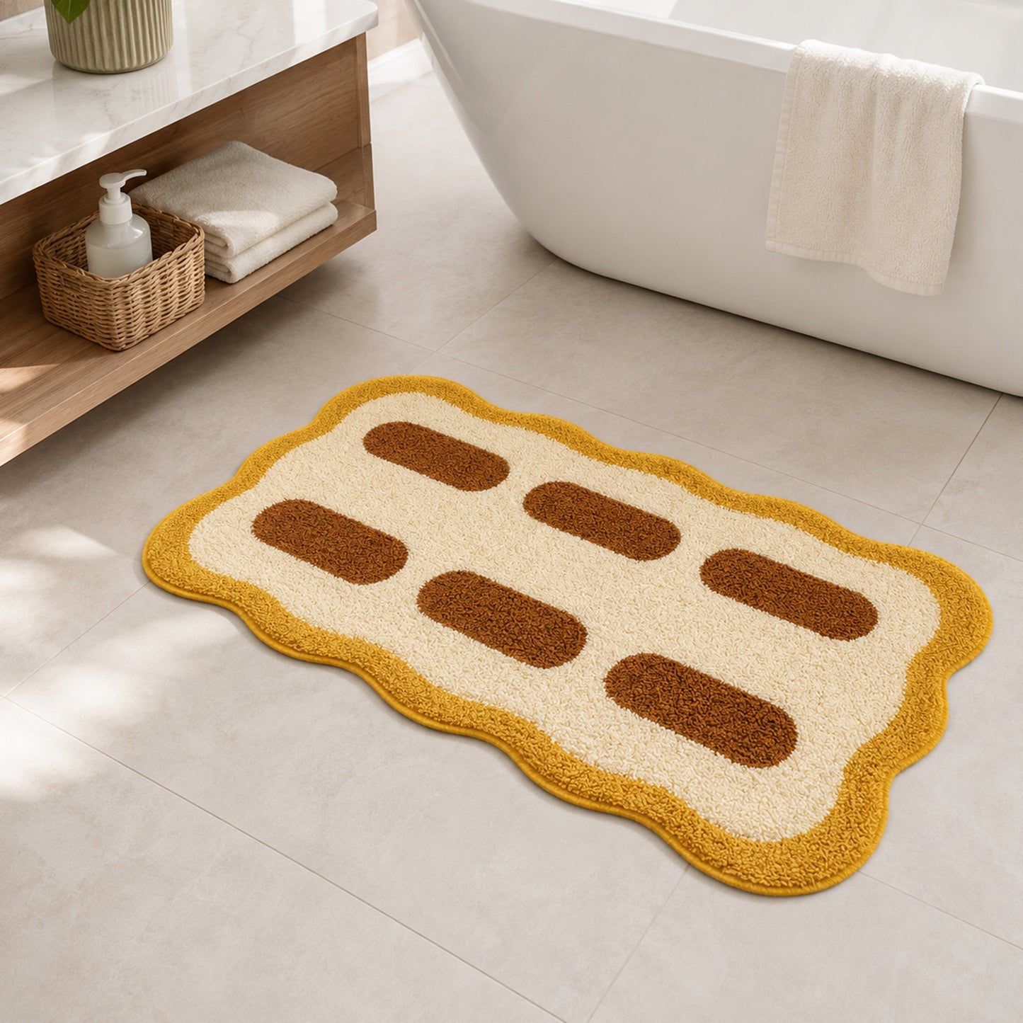 Feblilac Wavy Tufted Bath Mat – Mustard Yellow and Cream Accent Rug