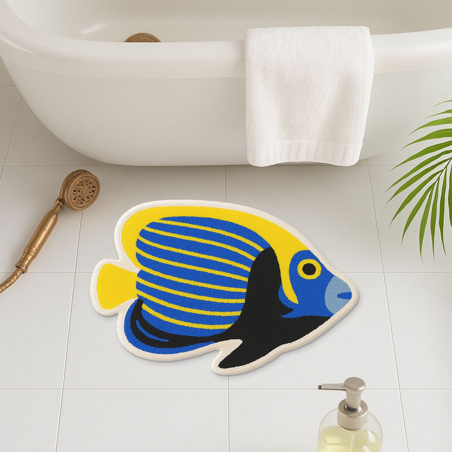 Feblilac Yellow, Black and Blue Tropical Angel Fish Tufted Bath Mat