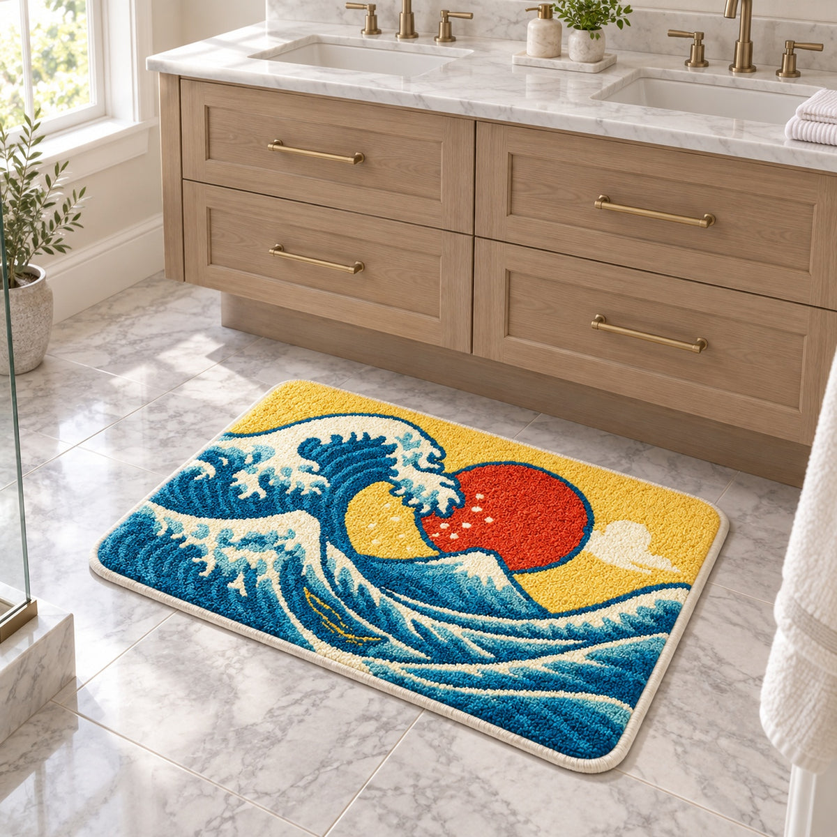 Feblilac Colorful Ukiyo-e Waves tufted bath mat in a minimal bathroom with marble tile