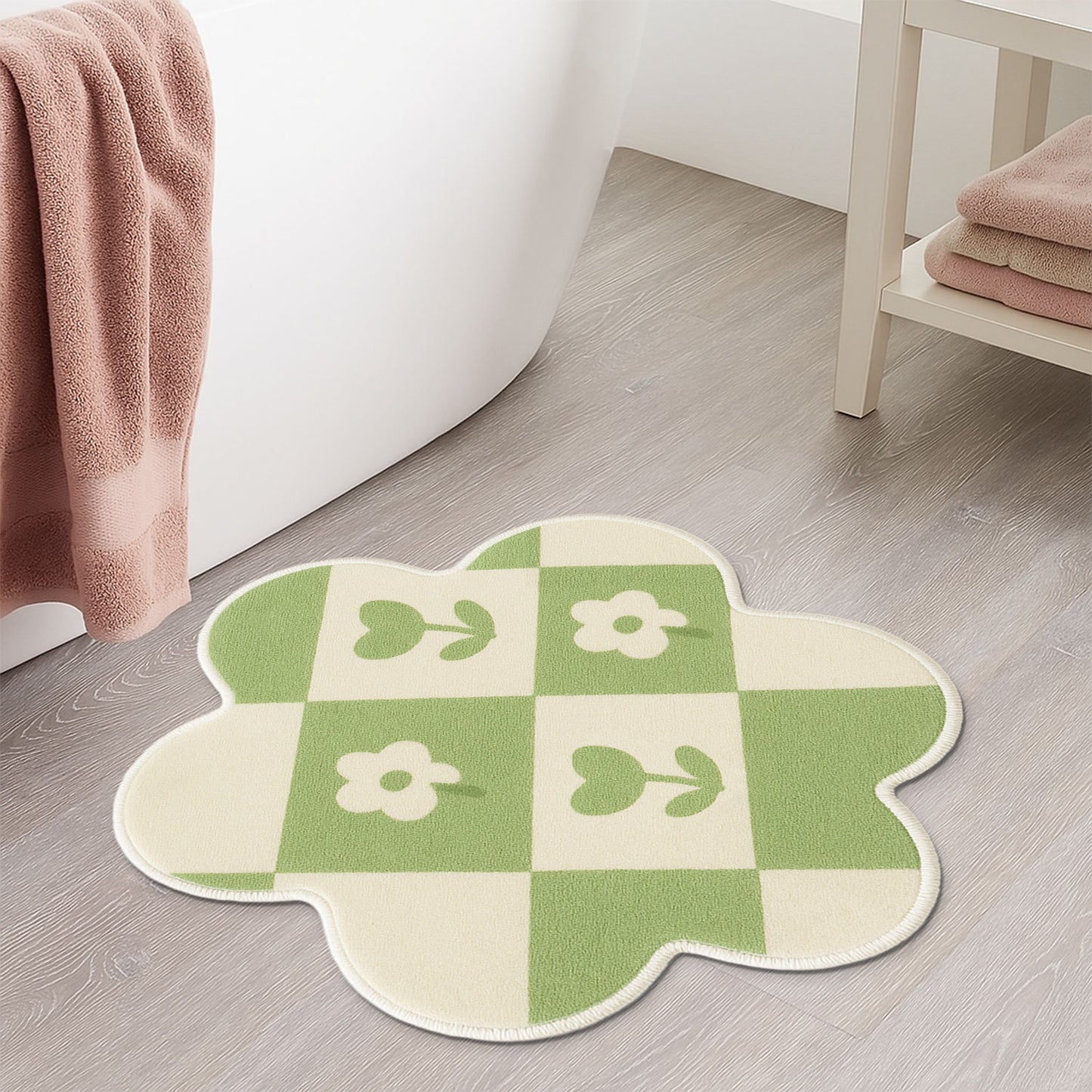 Feblilac Green Gingham Flower Bath Mat – Cute Floral Non-Slip Bathroom Rug