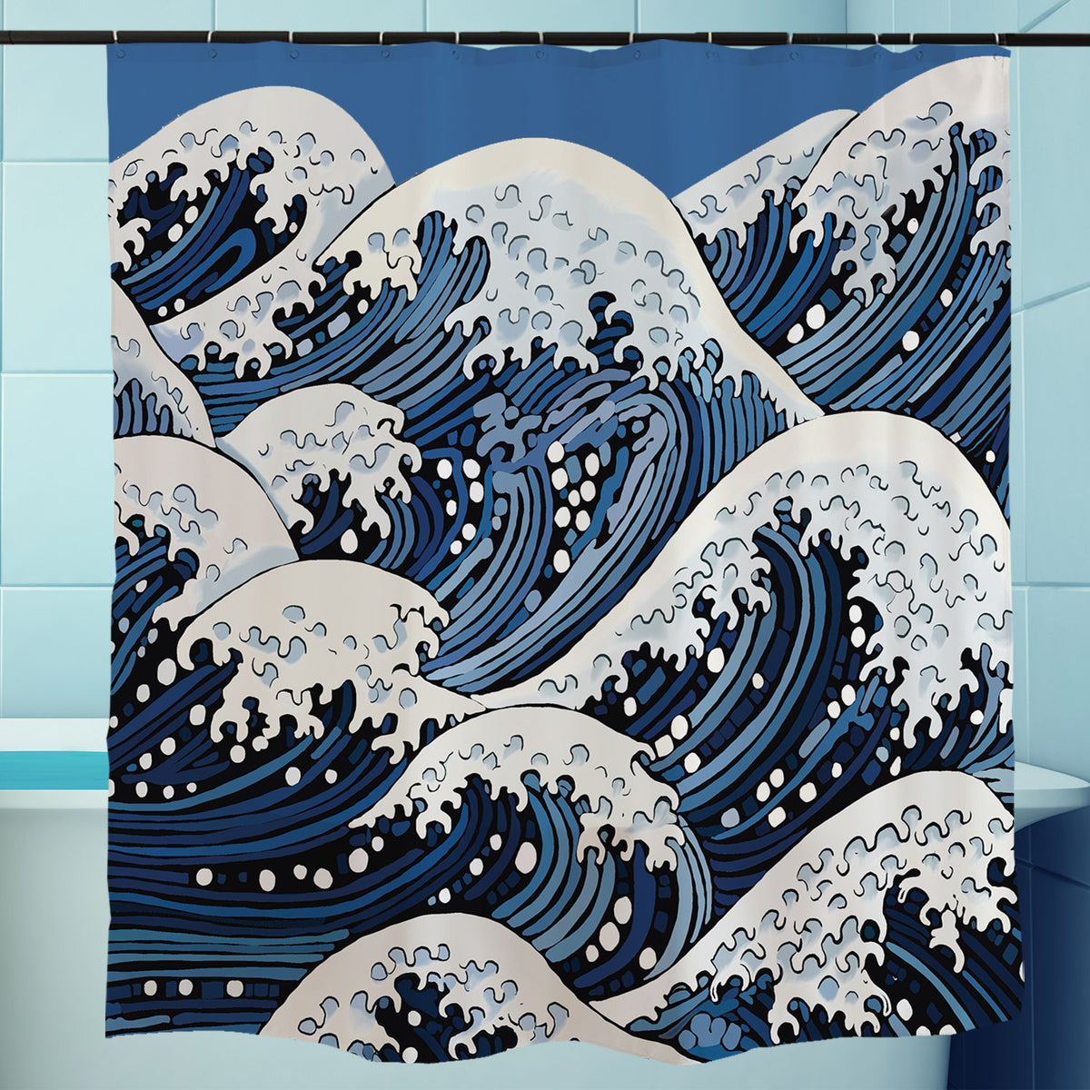Feblilac Ukiyo-e Wave shower curtain styled in a spa-like bathroom