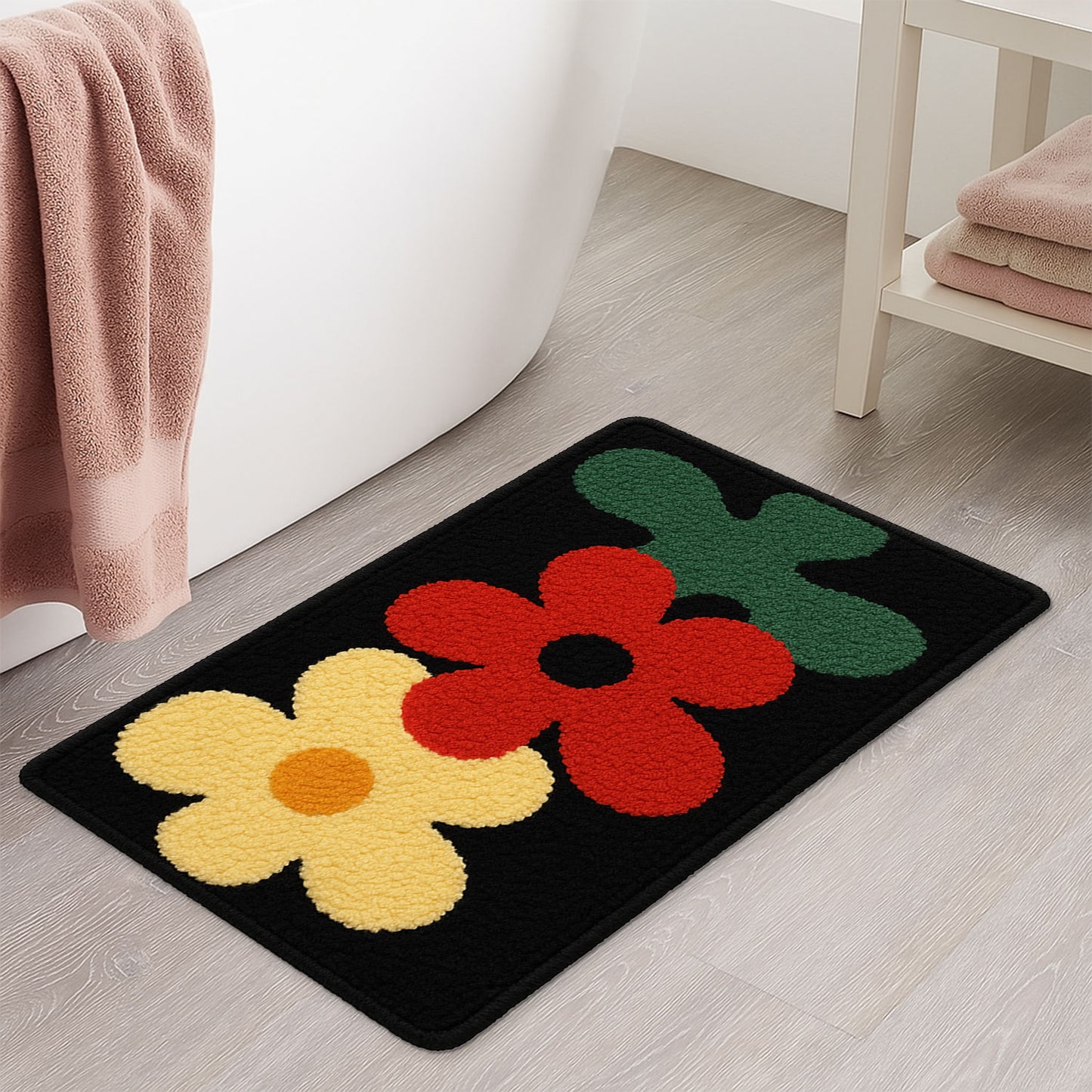 Feblilac Red Yellow and Green Three Flowers Tufted Bathmat