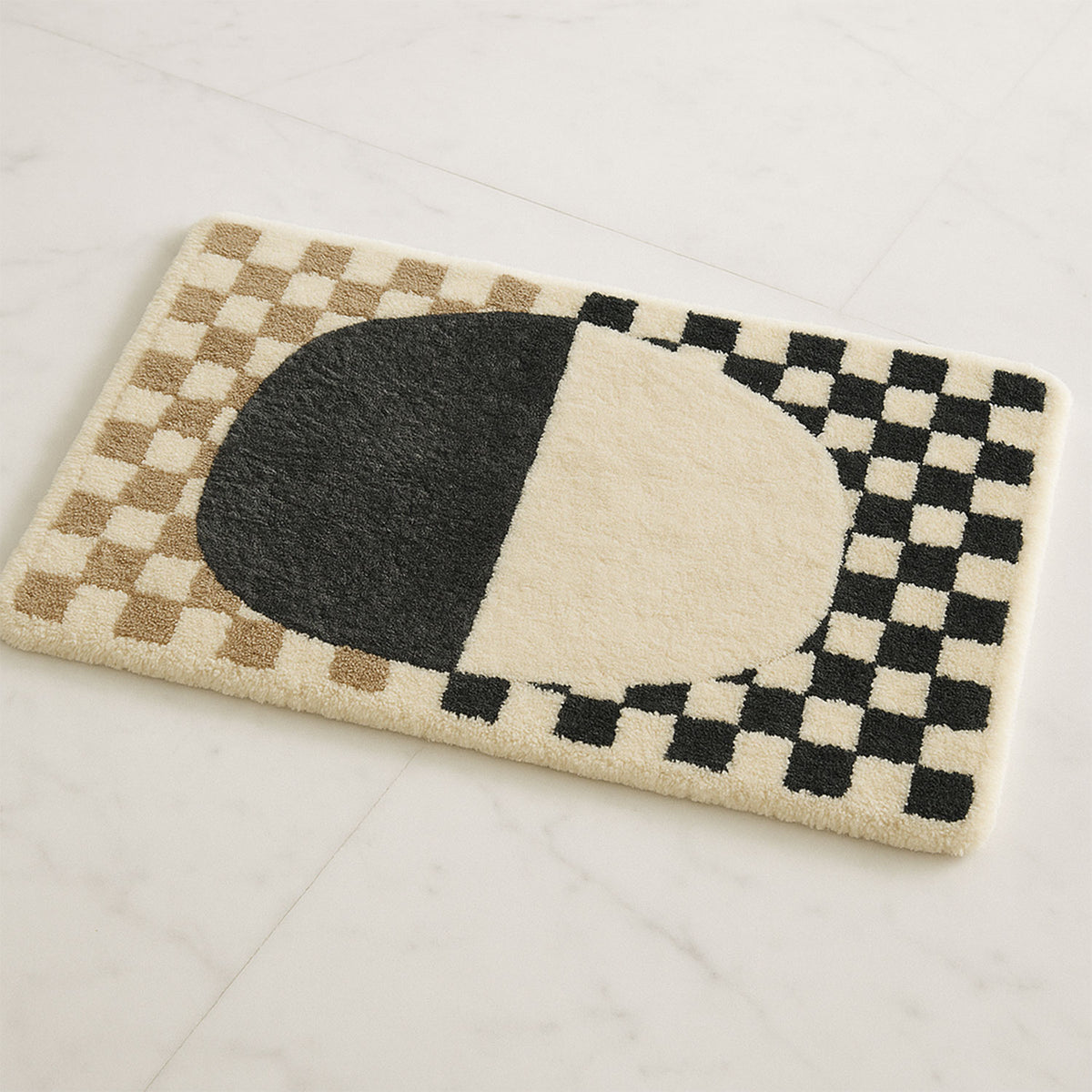 Feblilac Yellow and Black Checkerboard tufted bath mat styled in a cosy bathroom corner