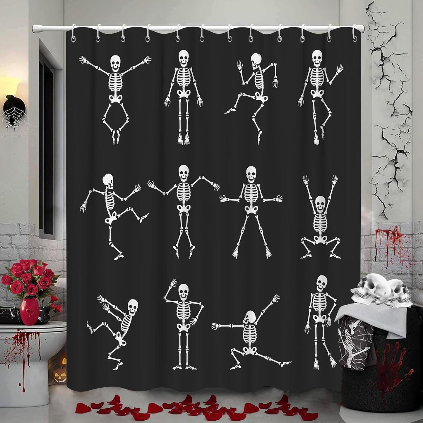 Feblilac Skull Funny Dance Halloween Dancing Cartoon Fun Joints Party Vintage Shower Curtain with Hooks