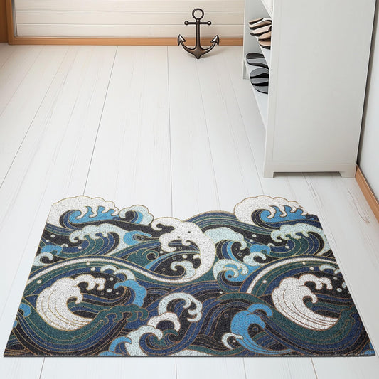 Feblilac Japanese Style Blue Wave Cutting Entrance Door Mat