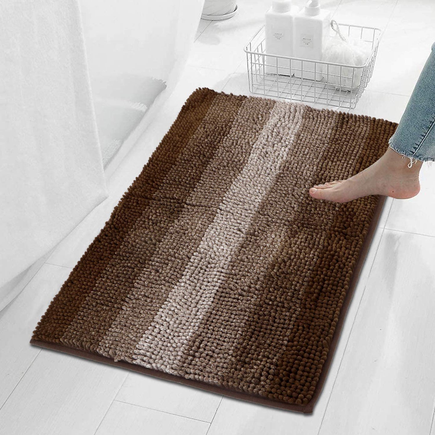 Feblilac Gradient Color Chenille Non-Slip Microfiber Shag Bathroom Rug Mat