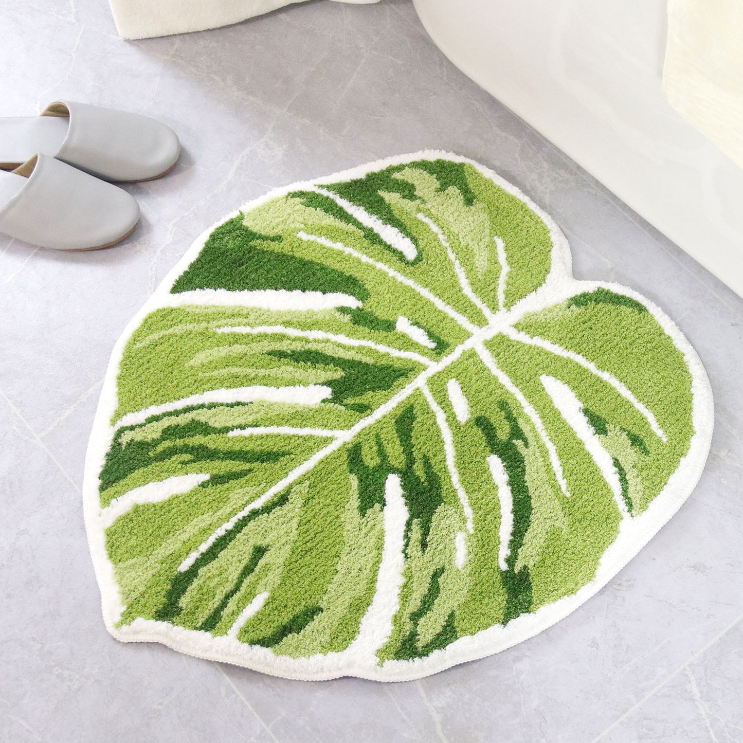 Feblilac Monstera Leaf Tufted Bath Mat – Green Botanical Rug