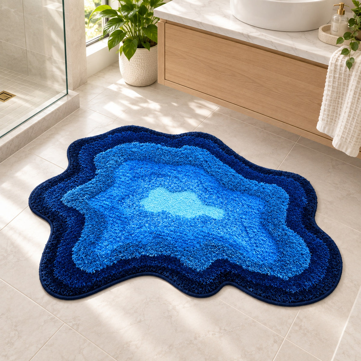 Feblilac Blue Abstract Lake Tufted Bath Mat