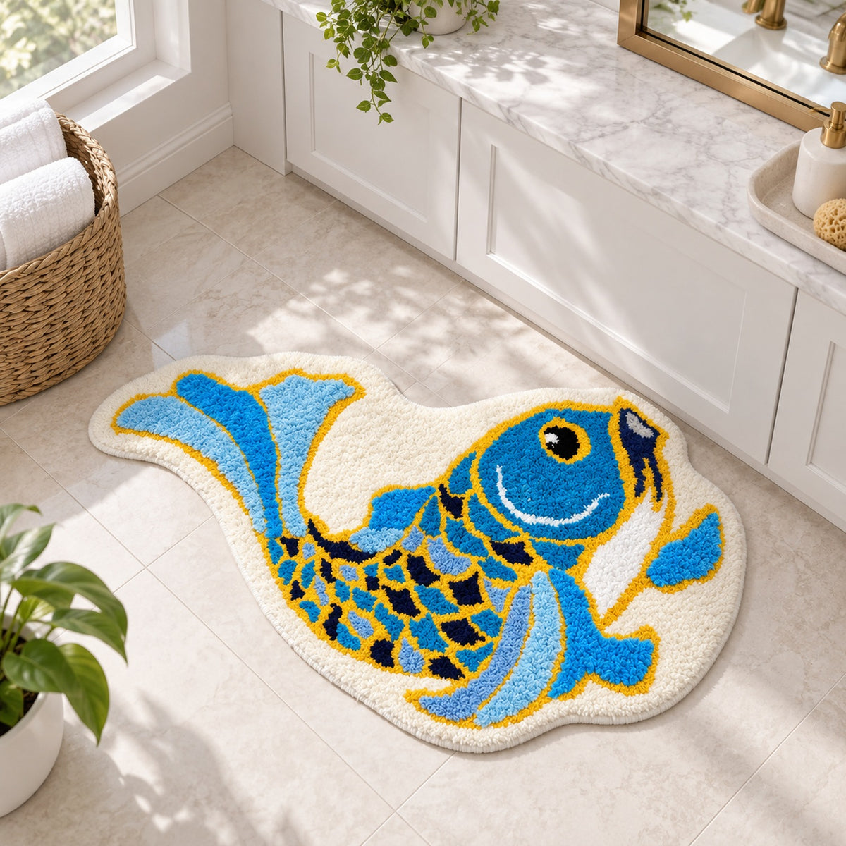 Feblilac Traditional Koi Blue Tufted Bath Mat