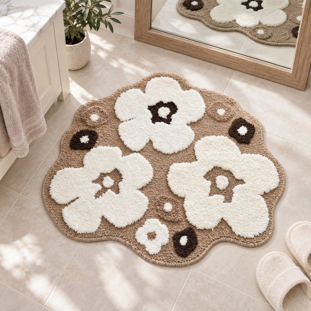 Feblilac White Flowers Tufted Bath Mat