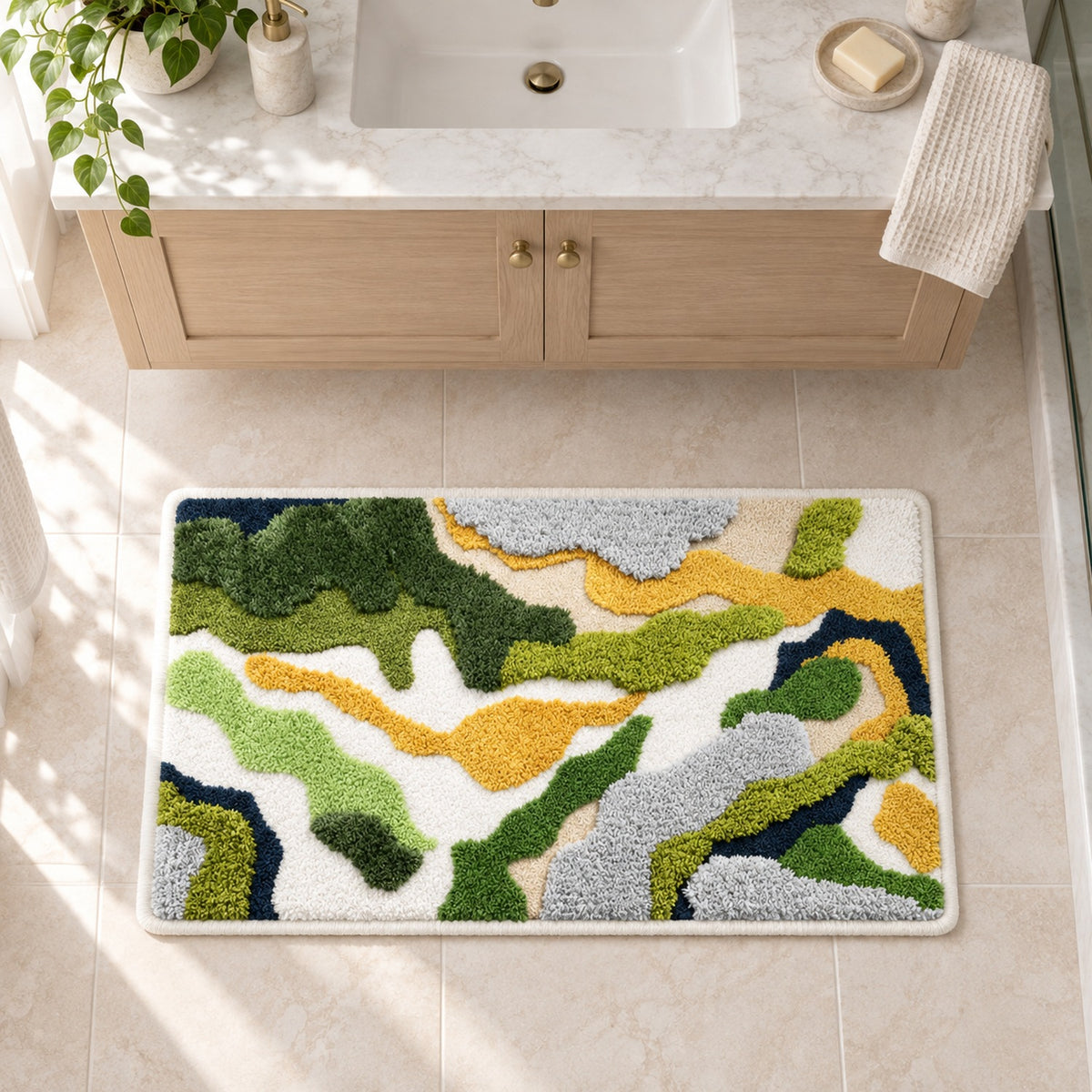 Feblilac Green and White Moss Runner Tufted Bath Mat
