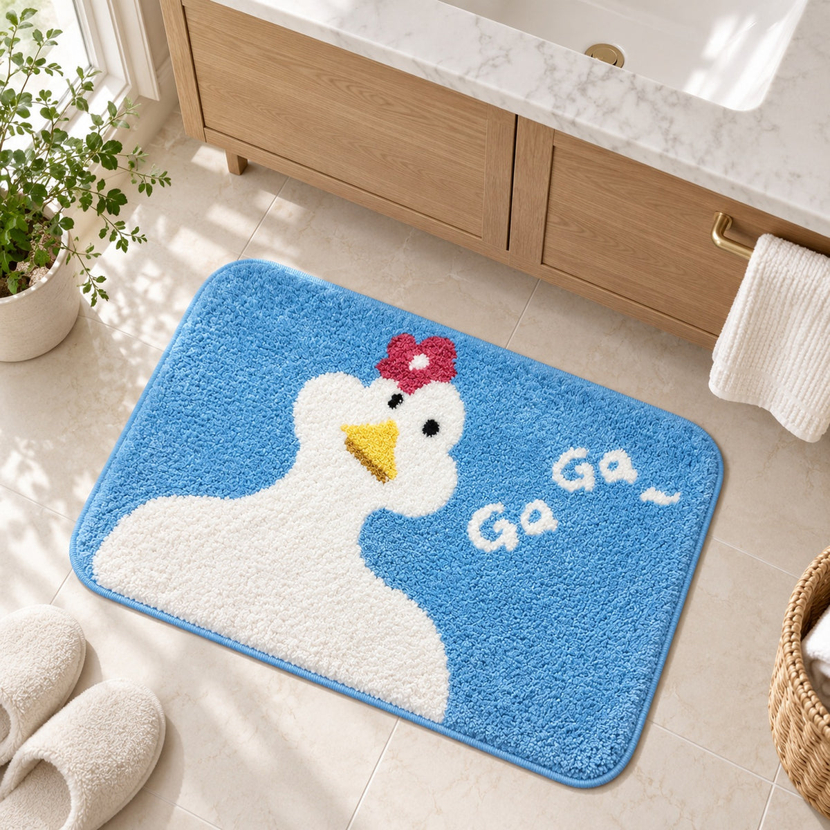 Feblilac Blue Background and White Duck Tufted Bath Mat