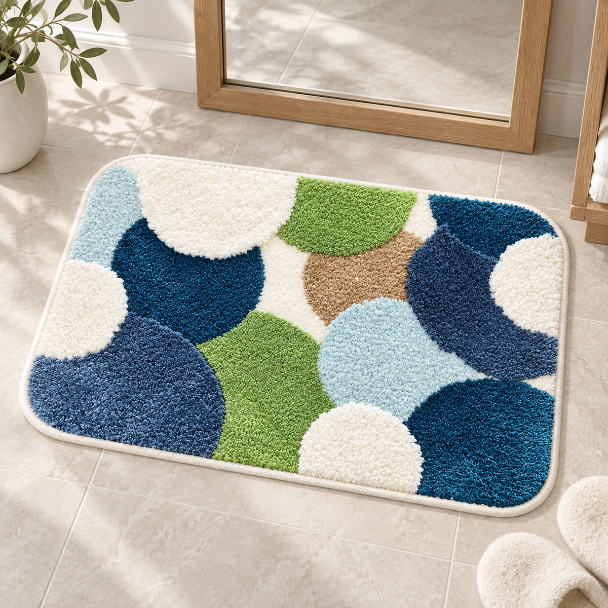 Feblilac Rectangular Large Dots White Blue Green Tufted Bath Mat