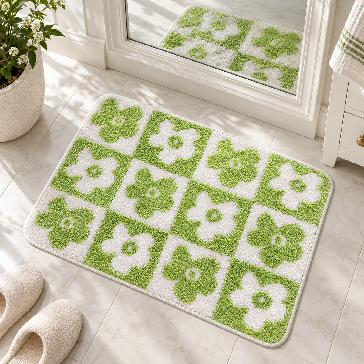 Feblilac Green-white Flower Checkerboard Tufted Bath Mat