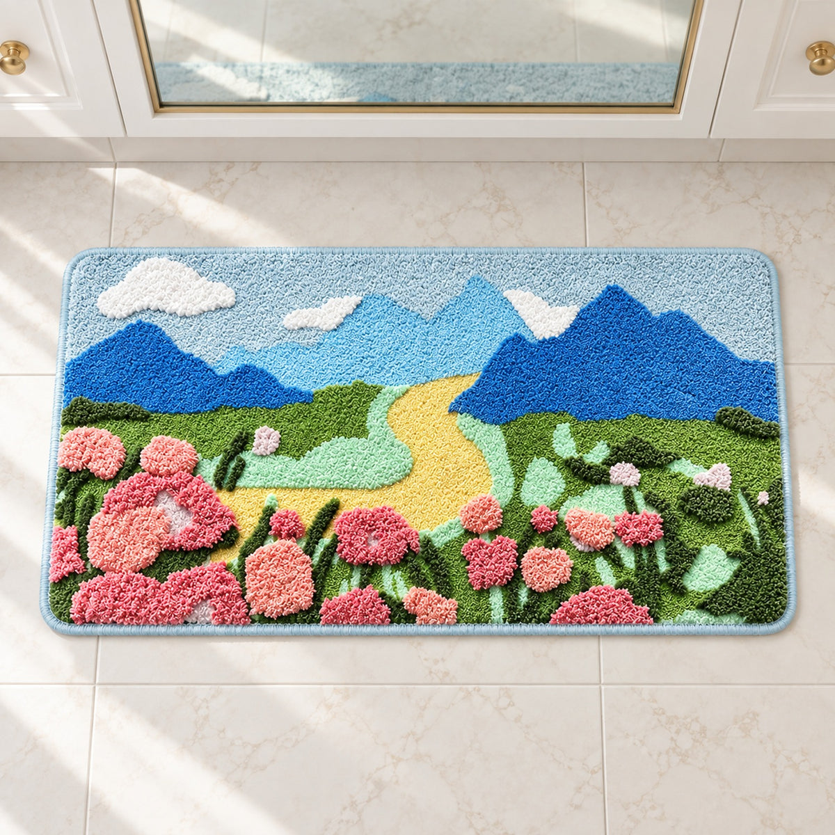 Feblilac Blue Sky Mountain Flower Bush Runner Tufted Bath Mat