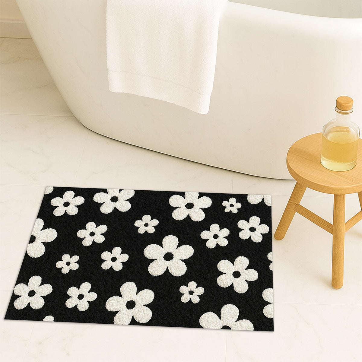 Feblilac White Flowers on Black Tufted Bath Mat