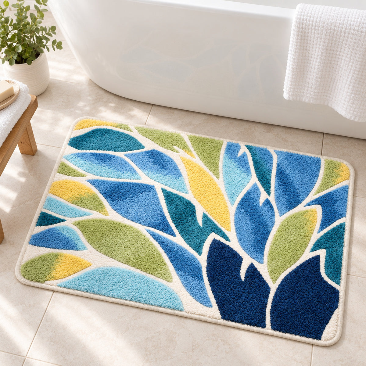 Feblilac Blue and Green Leaves Tufted Bath Mat – Botanical Bathroom Rug beside a bathtub with white towels
