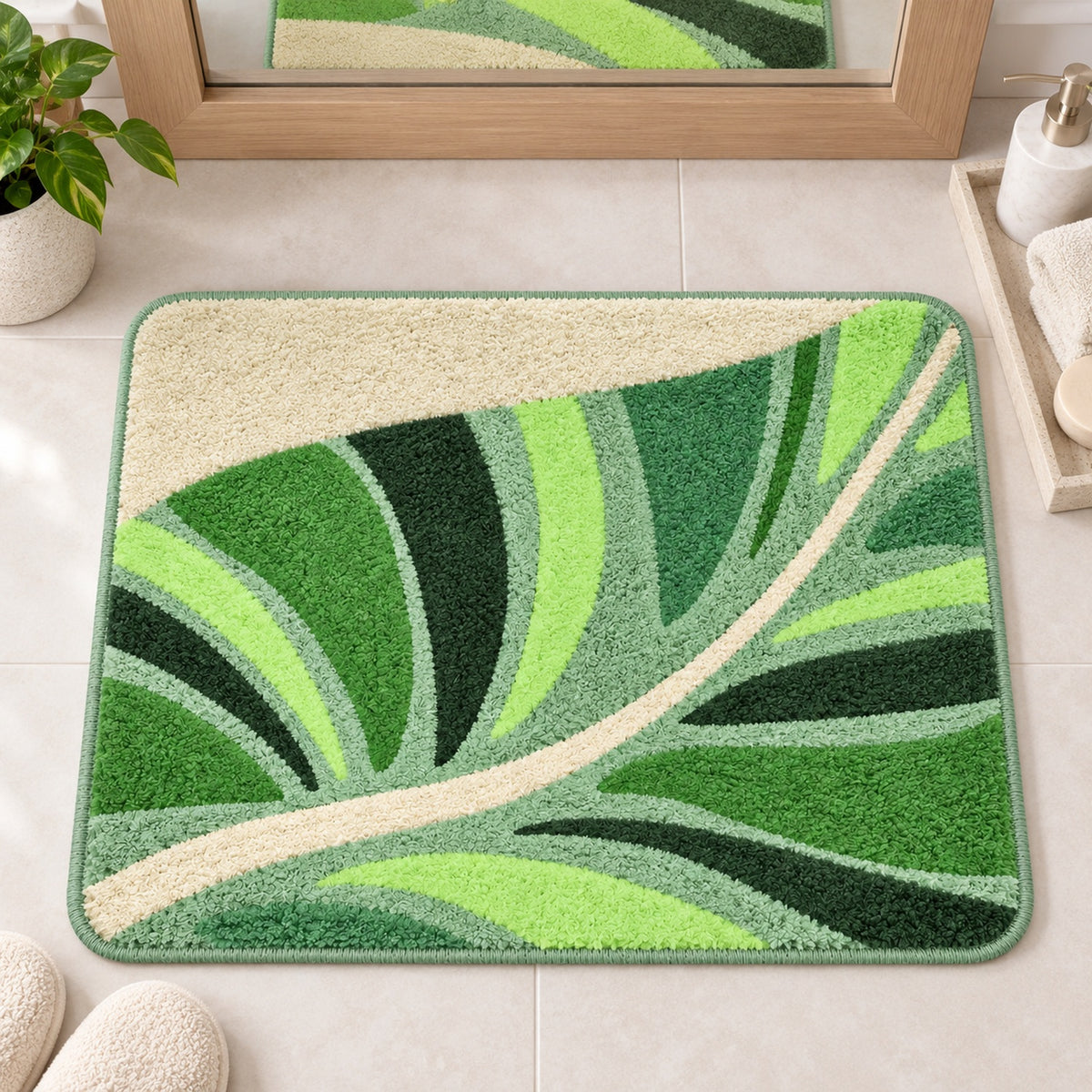 Feblilac Flowing Green Leaves tufted bath mat styled in a cosy bathroom corner