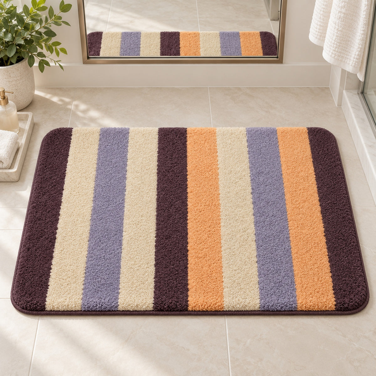Feblilac Orange and Purple Stripes tufted bath mat styled in a cosy bathroom corner