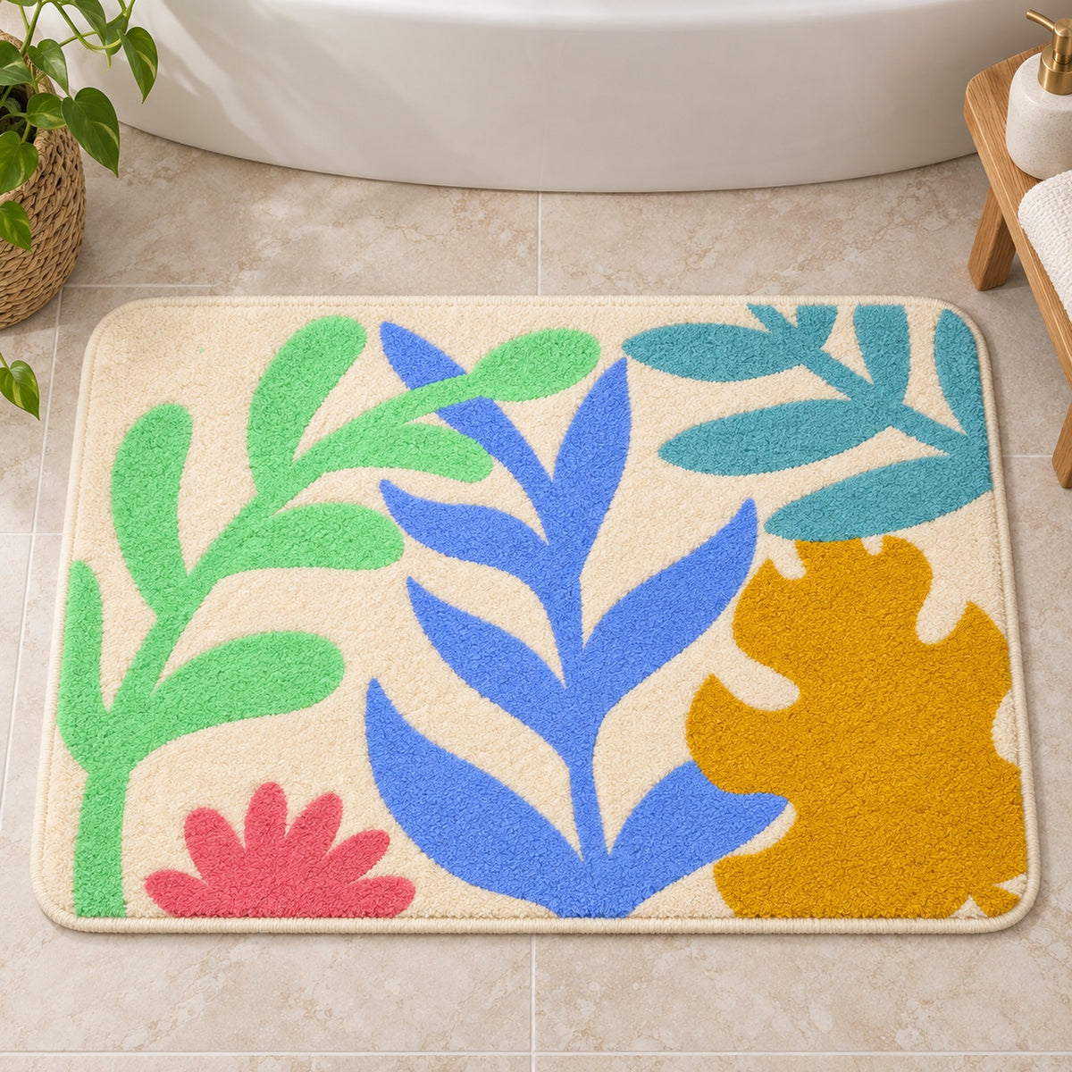 Feblilac Colorful Tropical Leaves tufted bath mat styled in a cosy bathroom corner