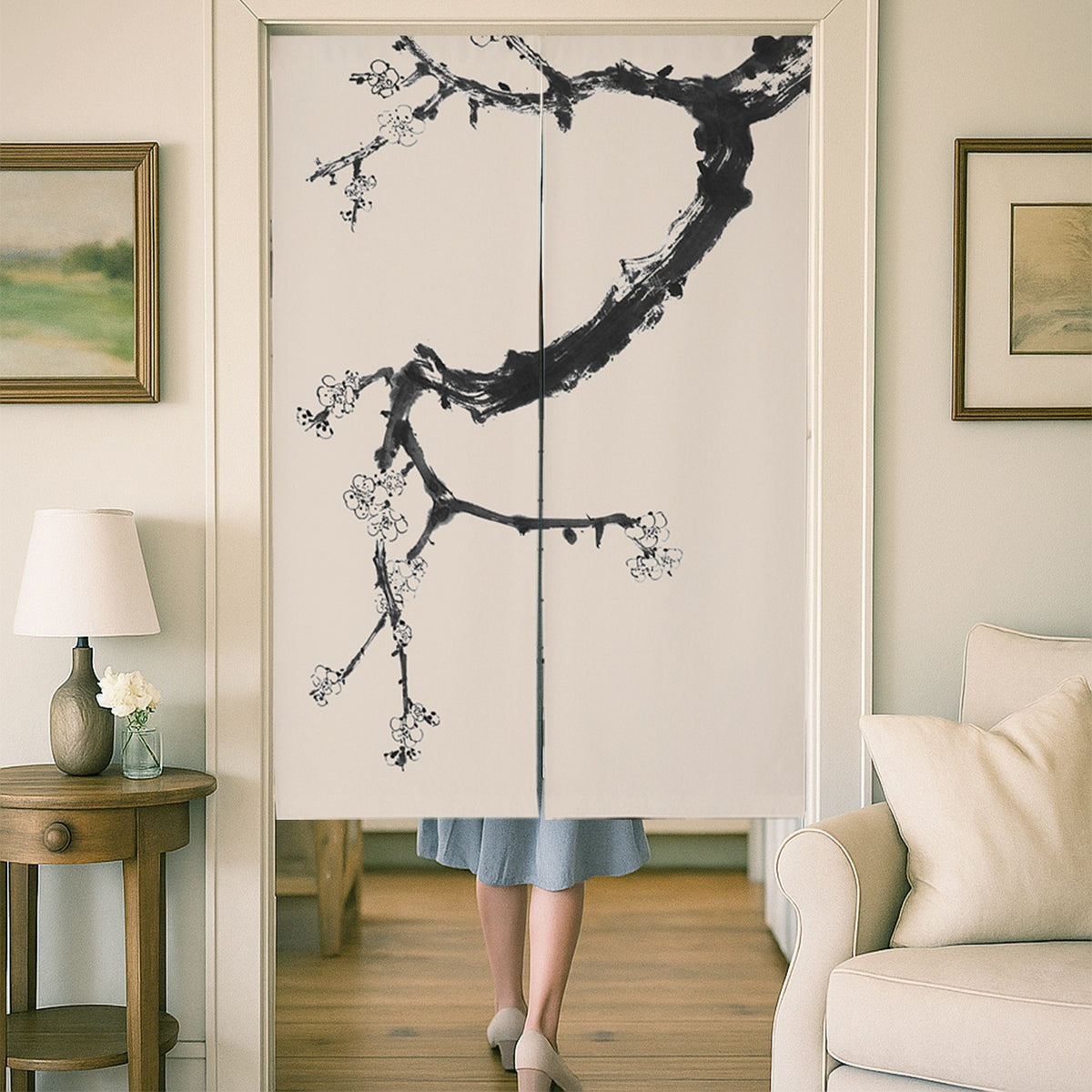 Feblilac Black and White Plum Blossom Door Curtain